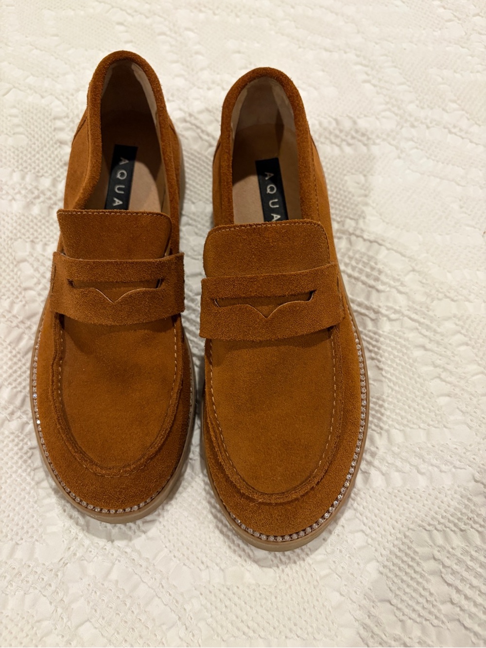 Aqua Bloomingdale’s Exclusive Brown Suede Rhinestone Penny Loafers